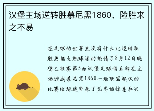 汉堡主场逆转胜慕尼黑1860，险胜来之不易