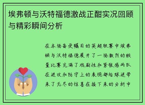 埃弗顿与沃特福德激战正酣实况回顾与精彩瞬间分析